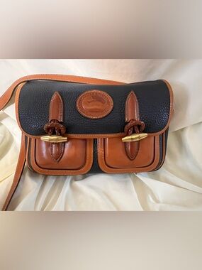 Dooney & Bourke Vintage Navy and Tan Pebble Leather Double-Pocket Shoulder Bag